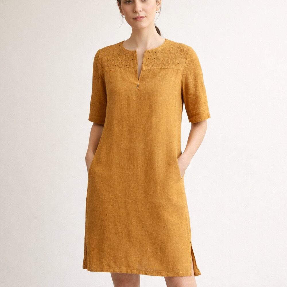 Haris Cotton 100% Linen Shift Dress Women’s Small Mustard Gold Made Greece